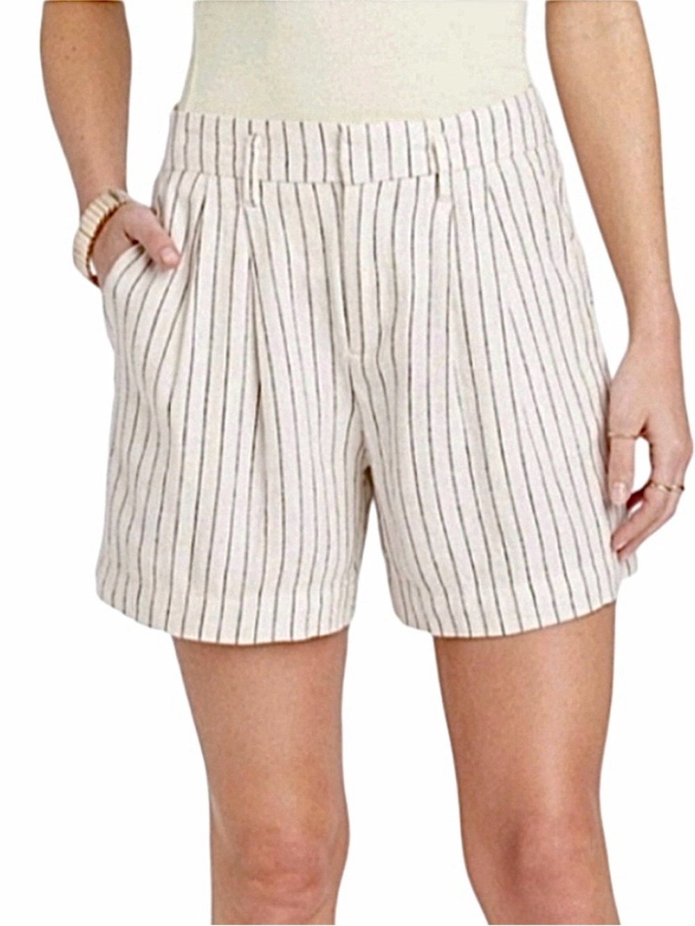 Women's High-Rise Linen Tailored Shorts - A New Day Cream Pinstriped. Size: 8